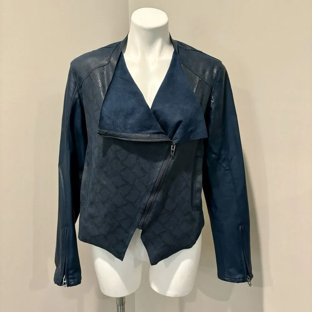 Blank NYC Jacket Large Dark Blue Faux Leather Zip Front Pockets - Picture 15 of 15